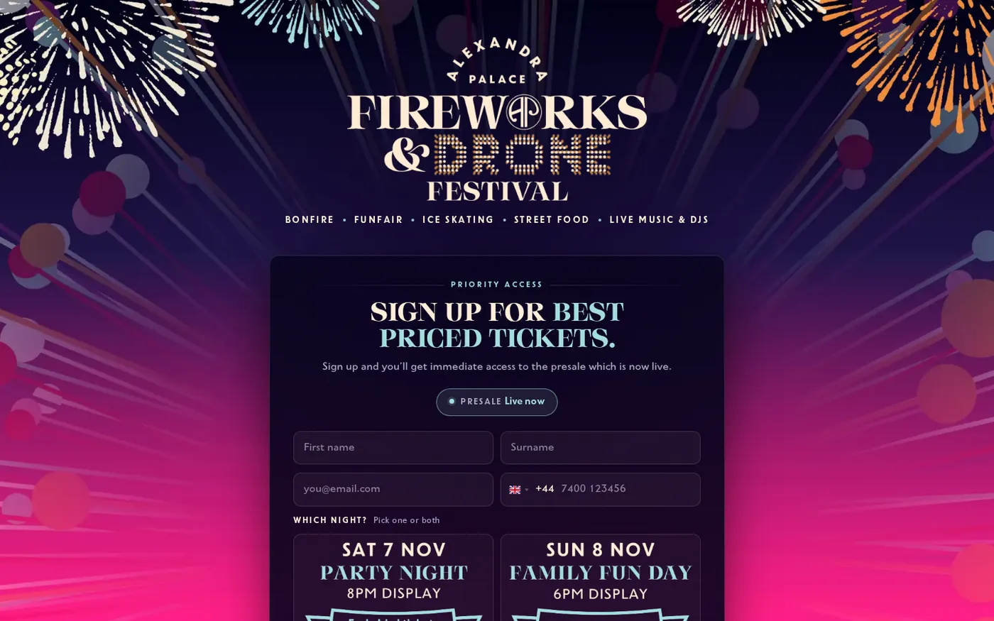 Alexandra Palace Fireworks and Drone Festival sign-up page on desktop, with fireworks artwork above a priority access signup form.