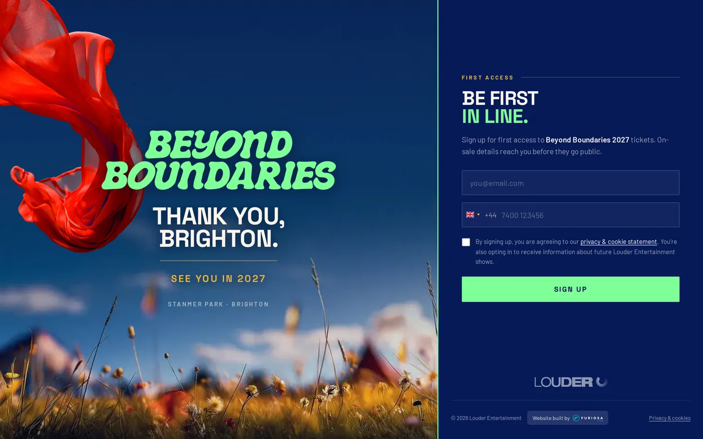 Beyond Boundaries 2027 signup page on desktop, a red flag on a summer field beside a signup form.