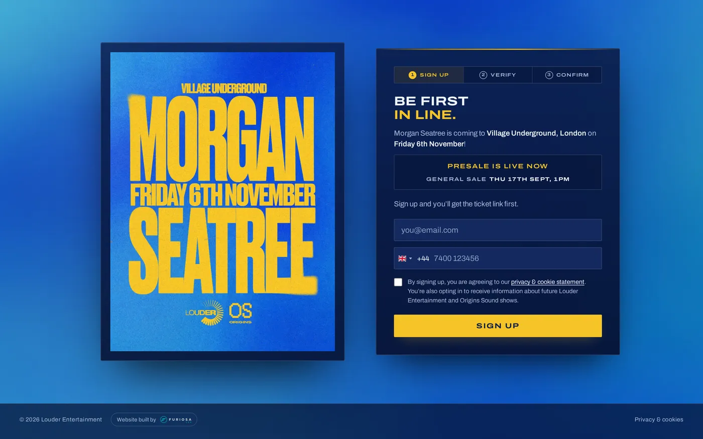 Morgan Seatree event page on desktop, bold yellow poster artwork beside a signup form.