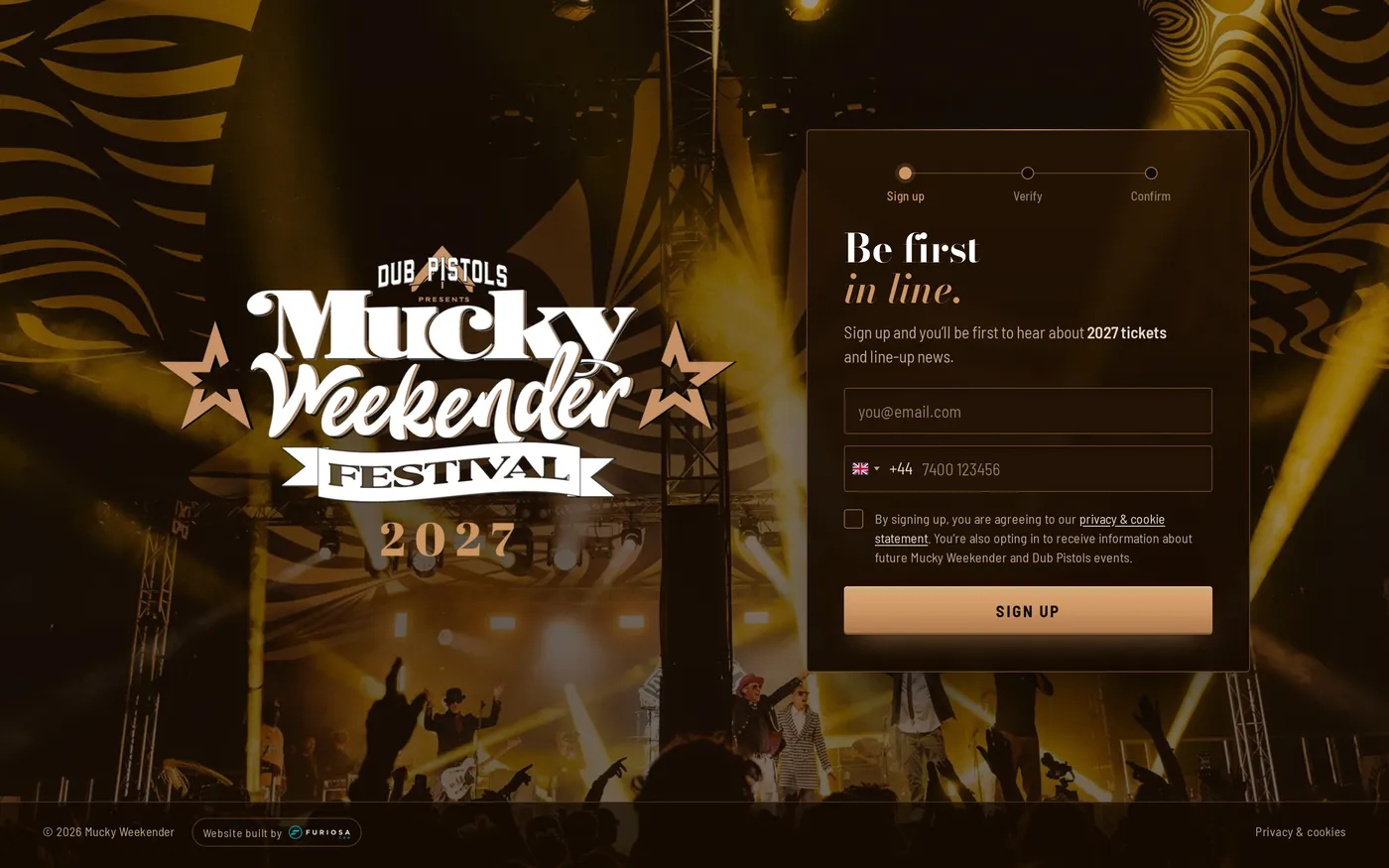 Mucky Weekender Festival 2027 event page on desktop, gold artwork with a signup form.