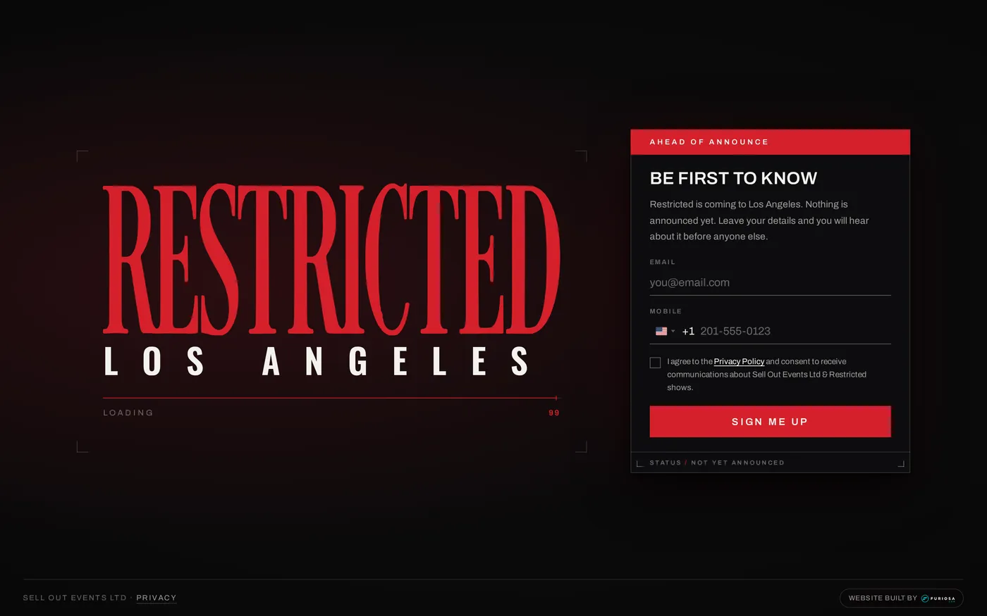 Restricted Los Angeles event page on desktop, red wordmark with a be the first to know signup form.