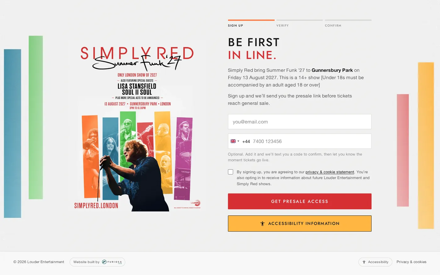 Simply Red Summer Funk '27 event page on desktop, with the artwork beside a presale signup form.