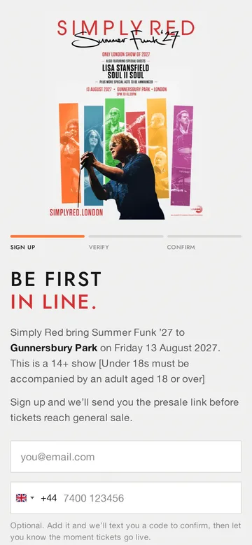 The Simply Red Summer Funk '27 sign-up page, made with Furiosa Events, on a phone.