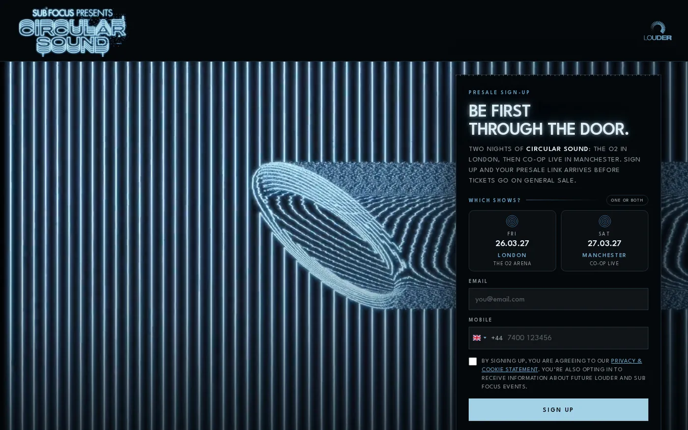 Sub Focus Circular Sound sign-up page on desktop, with the looping film beside a presale signup form.