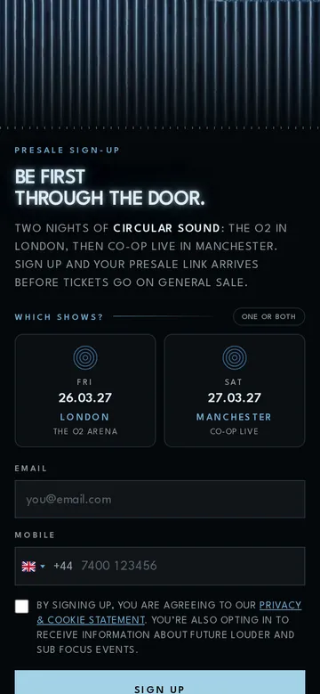 The same Sub Focus page on a phone, showing the signup form.