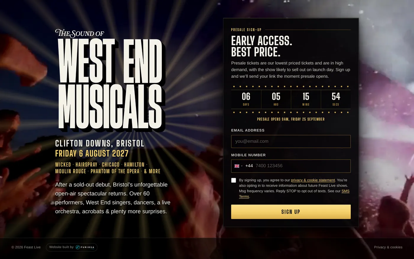 The Sound of West End Musicals event page on desktop, with a presale countdown and signup form.