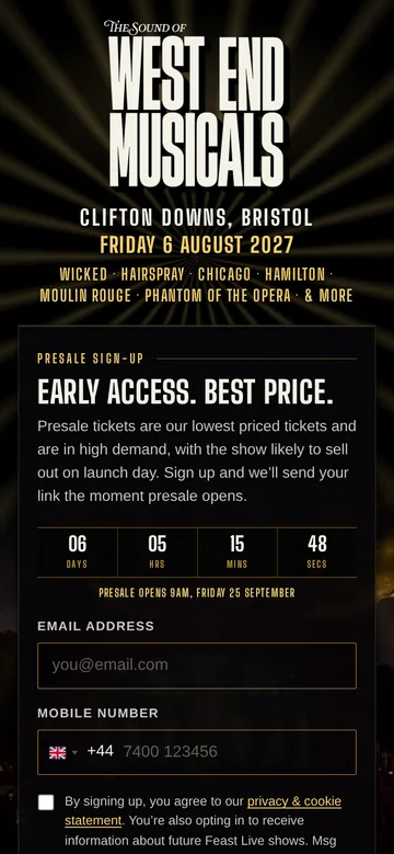 The same West End Musicals page on a phone.